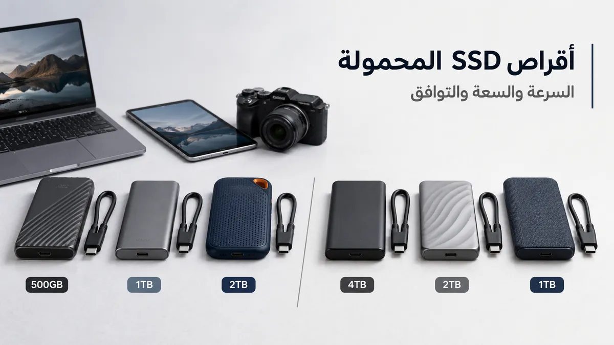 أقراص SSD محمولة مع كابلات وملصقات توضح سعات التخزين وأجهزة متوافقة
