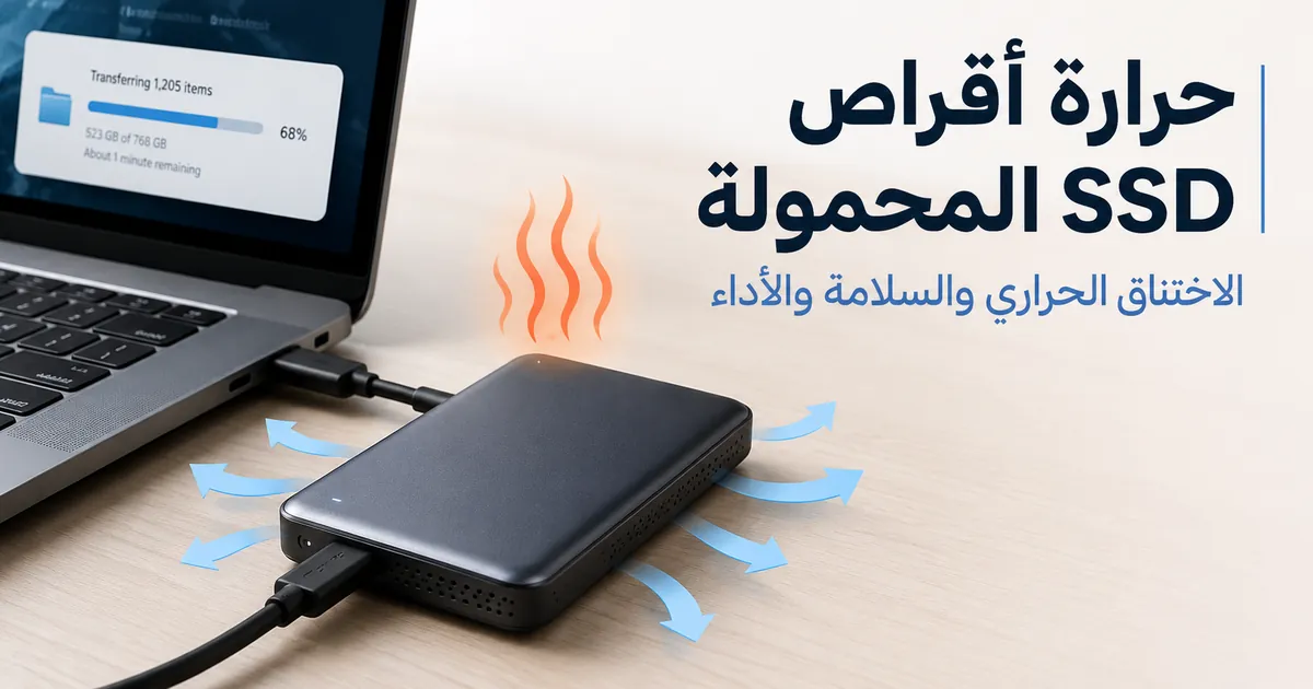 قرص SSD محمول على مكتب أثناء نقل كمية كبيرة من الملفات مع توضيح الحرارة وتدفق الهواء