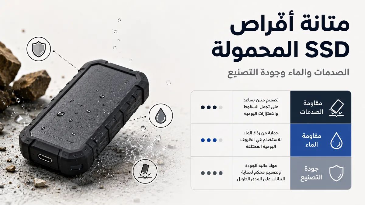 قرص SSD محمول متين بغطاء واقٍ وتفاصيل تصميم مقاوم للماء
