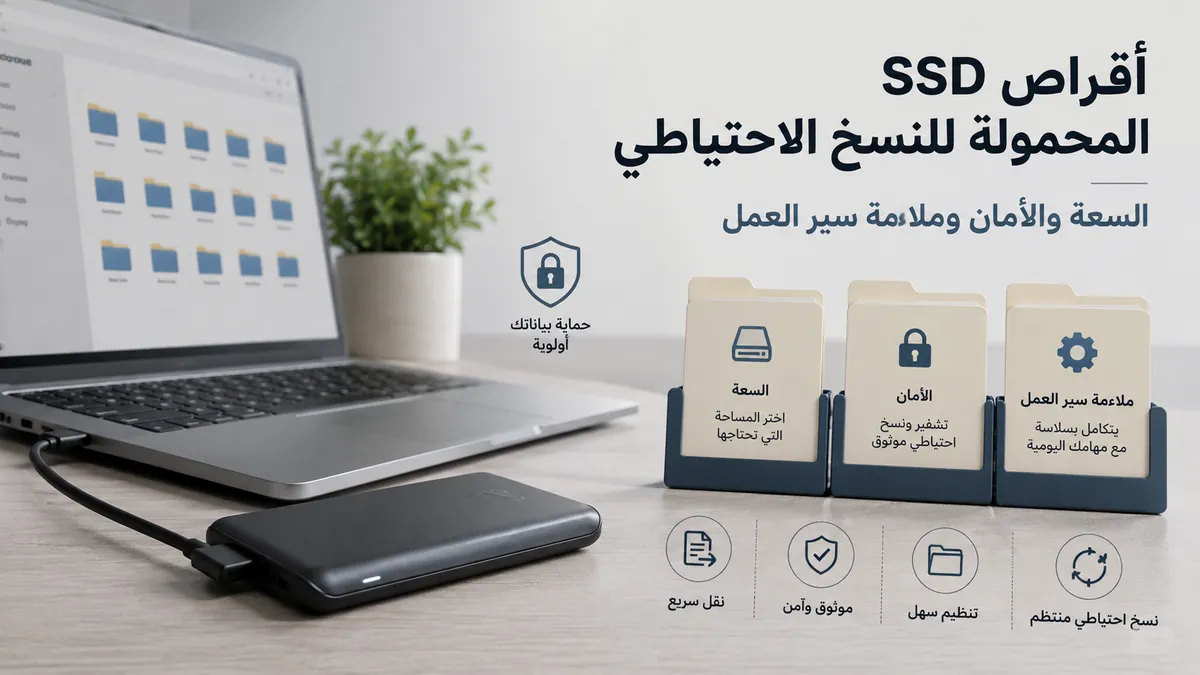 قرص SSD محمول مستخدم للنسخ الاحتياطي بجوار حاسوب محمول ومجلدات مرتبة