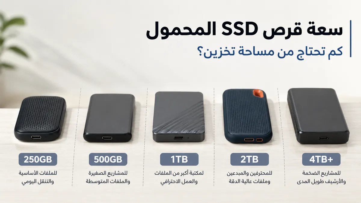 أقراص SSD محمولة بسعات تخزين مختلفة مرتبة للمقارنة