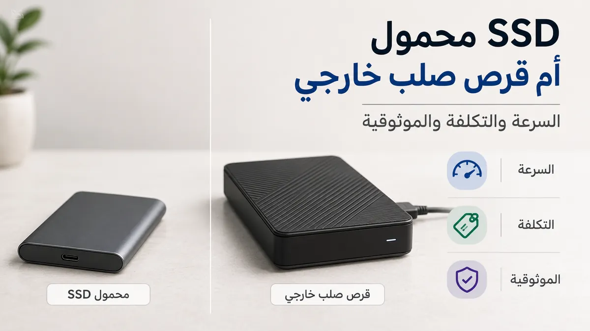 قرص SSD محمول وقرص صلب خارجي موضوعان جنبًا إلى جنب لمقارنة خيارات التخزين