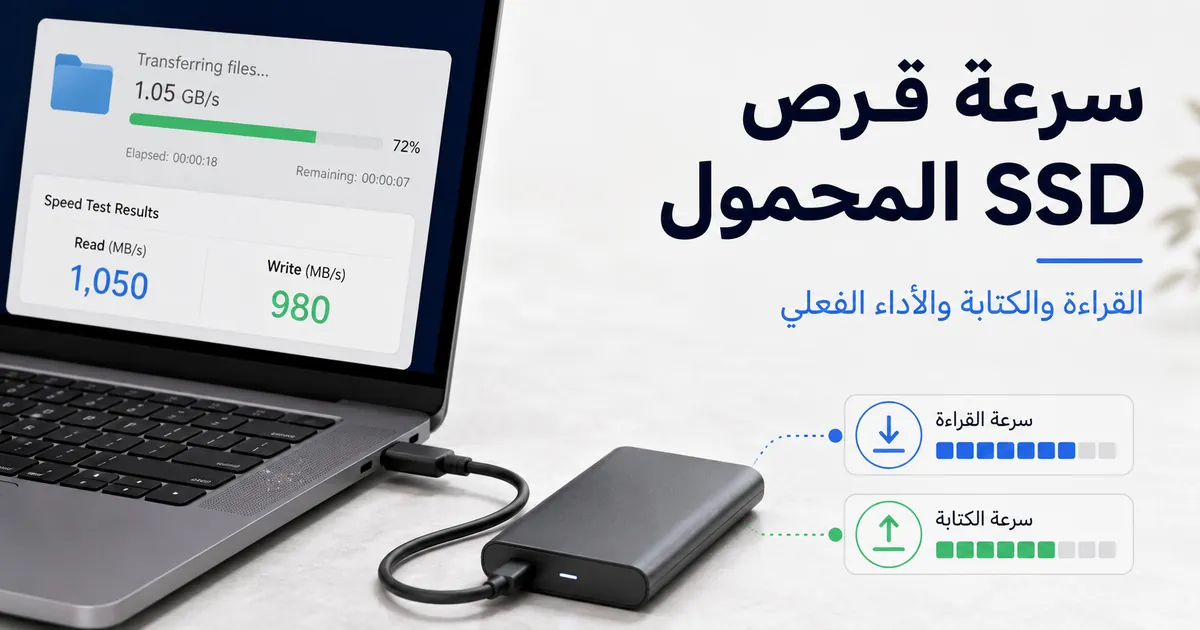 قرص SSD محمول متصل بحاسوب محمول أثناء اختبار سرعة نقل الملفات
