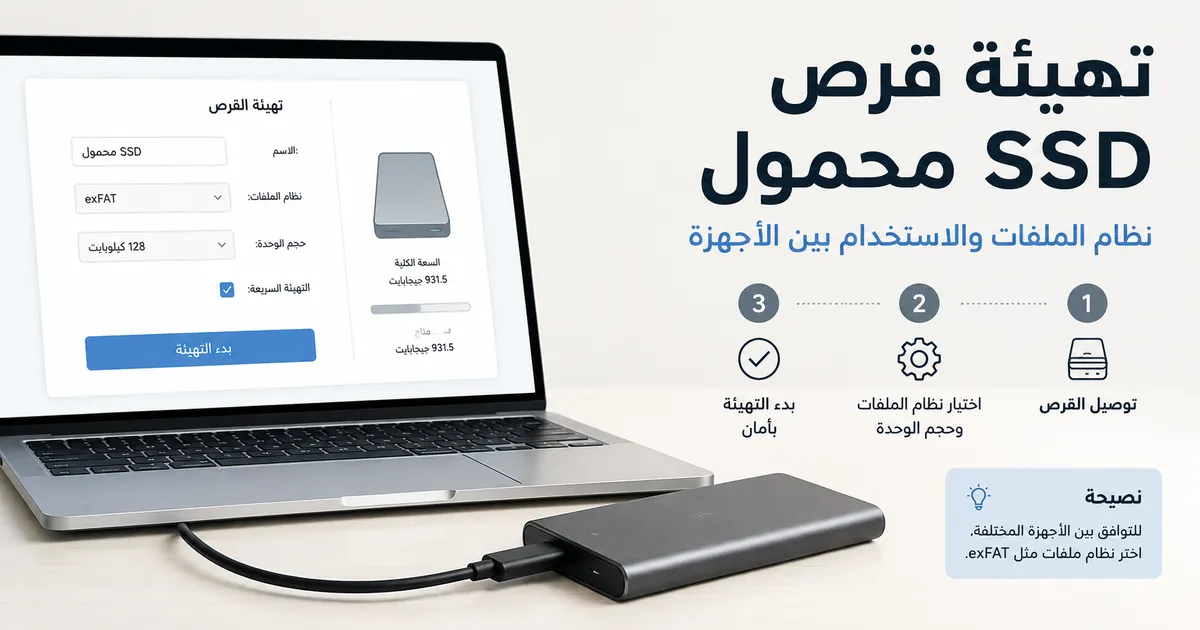 قرص SSD محمول متصل بحاسوب يعرض شاشة التهيئة وإعداد نظام الملفات