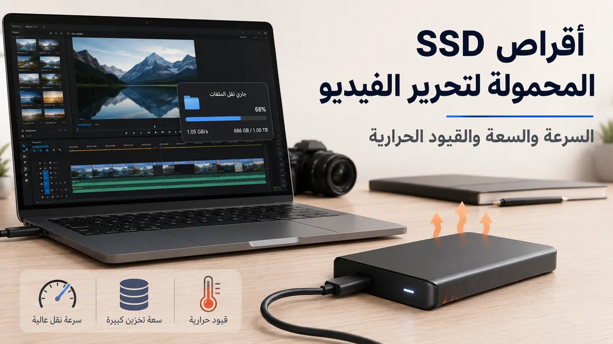 قرص SSD محمول متصل بمحطة تحرير فيديو أثناء نقل ملفات الوسائط
