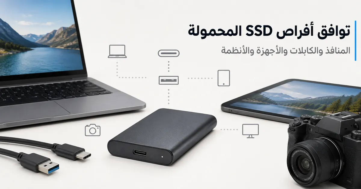 قرص SSD محمول مع كابلي USB-C وUSB-A بجوار أجهزة متوافقة