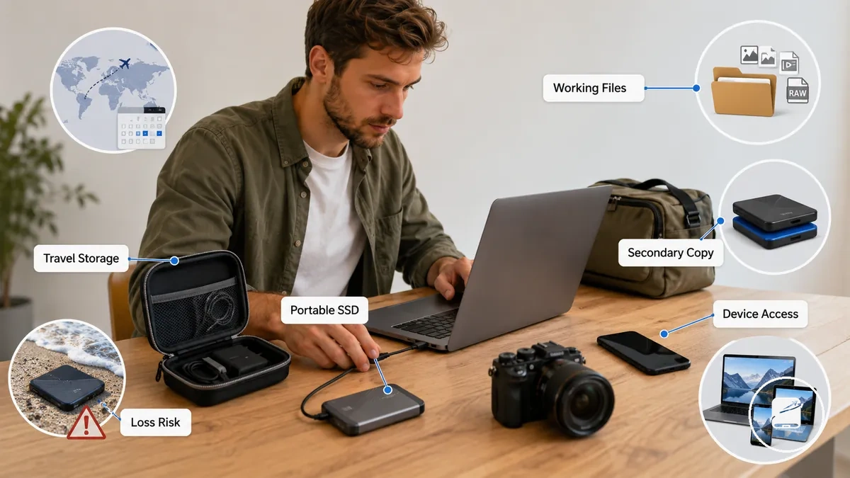 Mobile SSD mit Kabel und Schutzhülle, vorbereitet für Reisespeicher