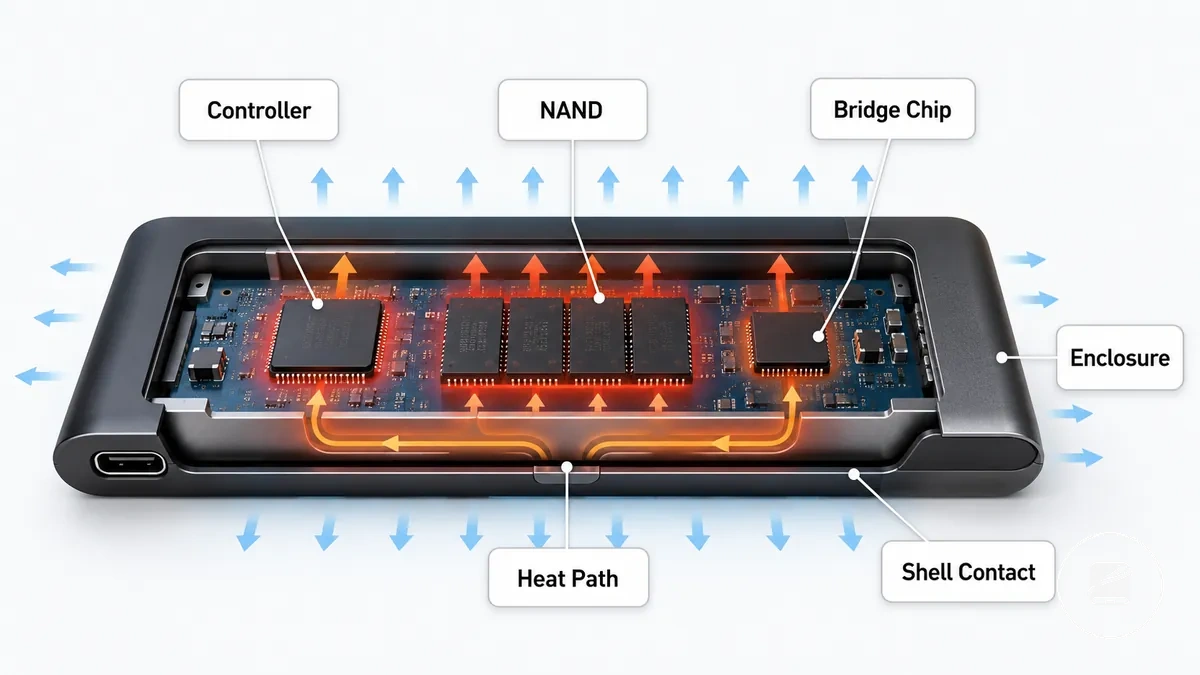 Beschriftete interne Komponenten einer mobilen SSD mit Controller, NAND, Bridge-Chip und Wärmepfad zum Gehäuse