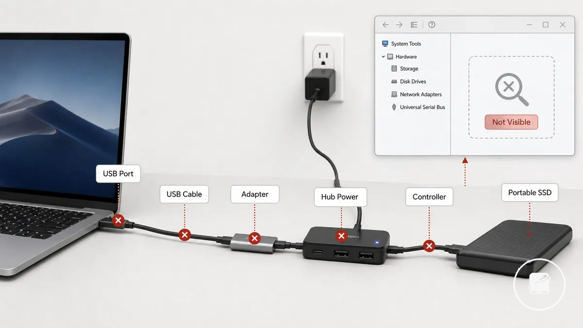 Verbindungskette einer mobilen SSD, die zeigt, warum das Laufwerk in Systemtools nicht erscheint