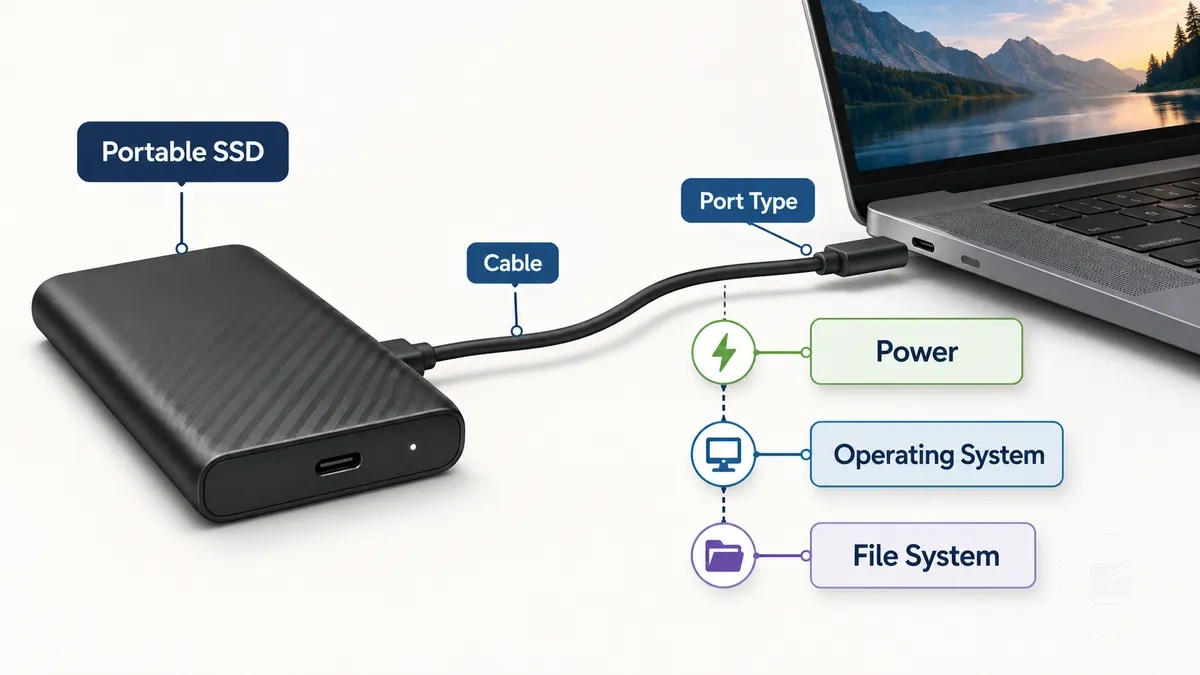 Diagramm, das die Abhängigkeiten der Kompatibilität mobiler SSDs über Kabel, Anschluss, Gerät und System zeigt