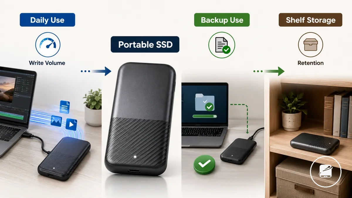 Illustration der Lebensdauer mobiler SSDs nach Arbeitslast und Lagerbedingungen