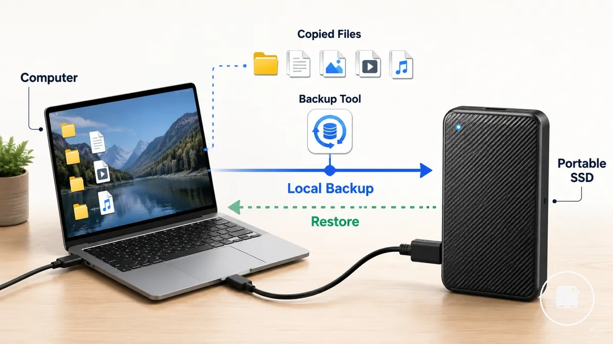 Diagramm einer mobilen SSD, die für lokale Backups an einen Computer angeschlossen ist