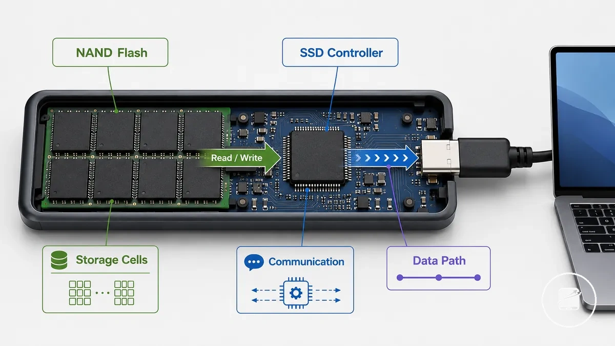 Beschriftete Abbildung von NAND-Flash-Speicher und SSD-Controller in einer mobilen SSD