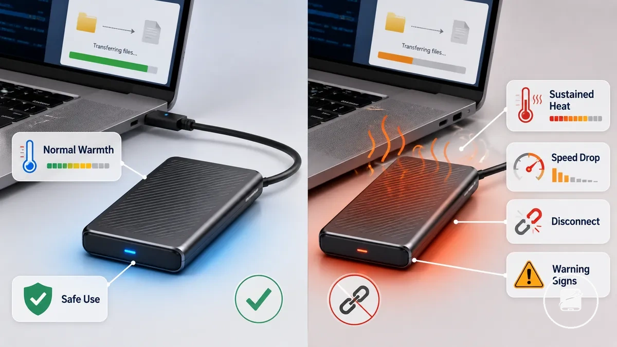 Vergleichsgrafik mit normaler Wärme einer mobilen SSD und Überhitzungswarnsignalen während der Dateiübertragung