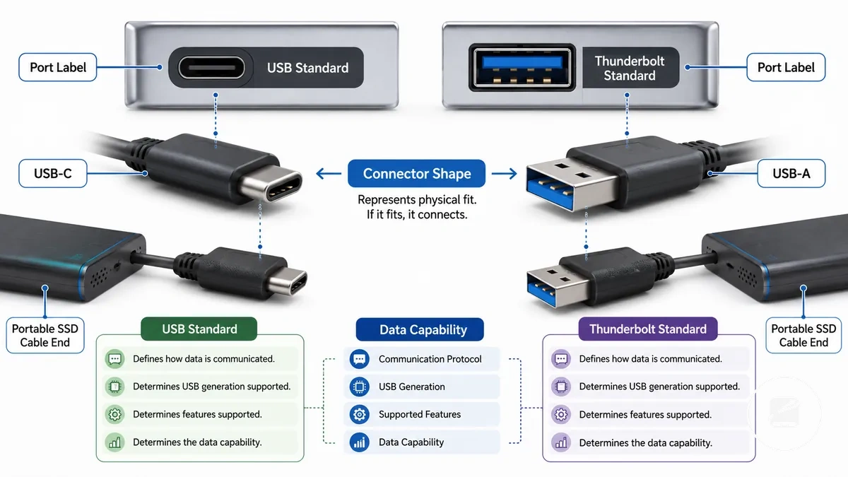 USB-C- und USB-A-Steckerformen mit Beschriftungen für Unterschiede im Anschlussstandard