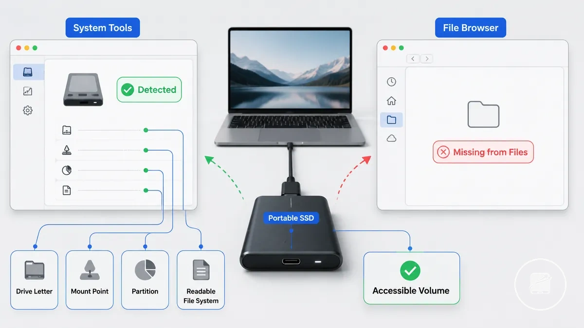 Mobile SSD in Systemtools sichtbar, aber im Dateibrowser nicht vorhanden