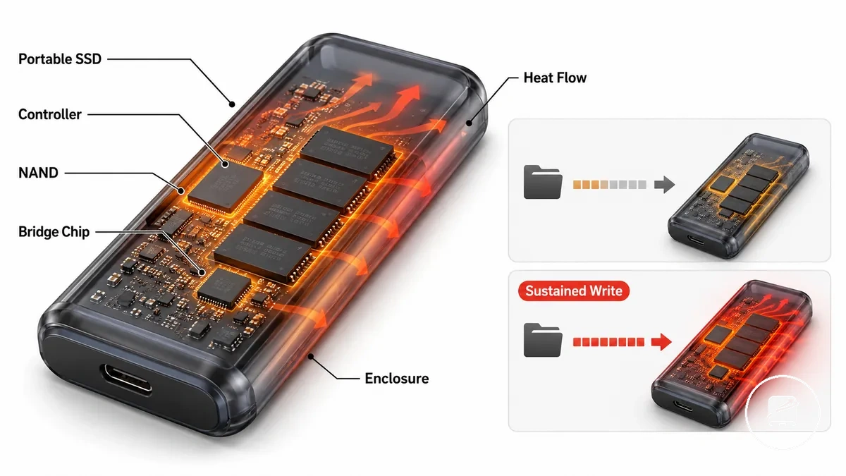 Beschriftete mobile SSD mit Controller, Speicher, Gehäuse und Wärmebewegung zur Hülle