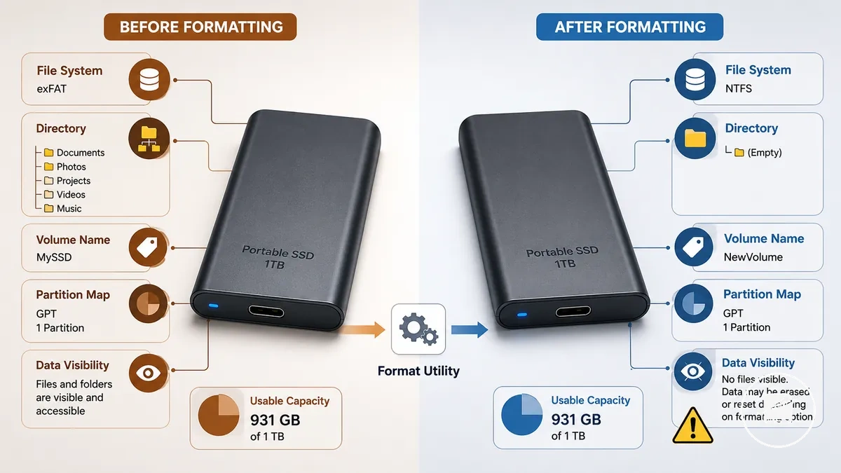 Kommentierter Bildschirm zur Formatierung einer mobilen SSD mit Volume-Name, Dateisystem und Datenwarnung
