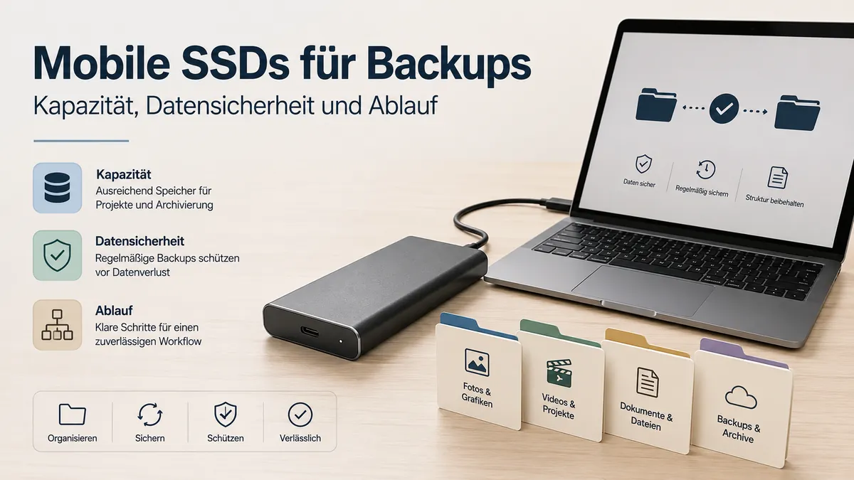 Mobile SSD als Backup-Laufwerk neben einem Laptop und geordneten Ordnern