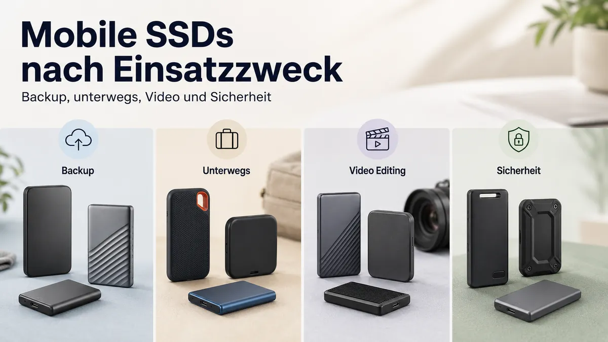 Verschiedene mobile SSDs nach Anforderungen für Backup, unterwegs, Videobearbeitung und Sicherheit angeordnet