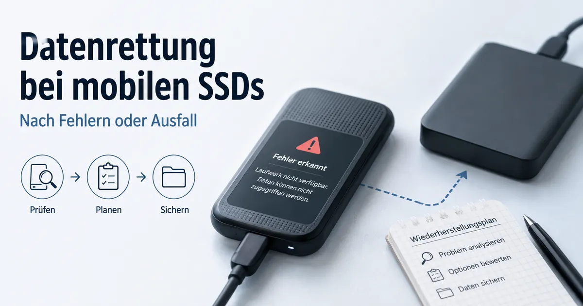 Mobile SSD mit Fehlermeldung neben einem Backup-Laufwerk zur Planung der Datenrettung
