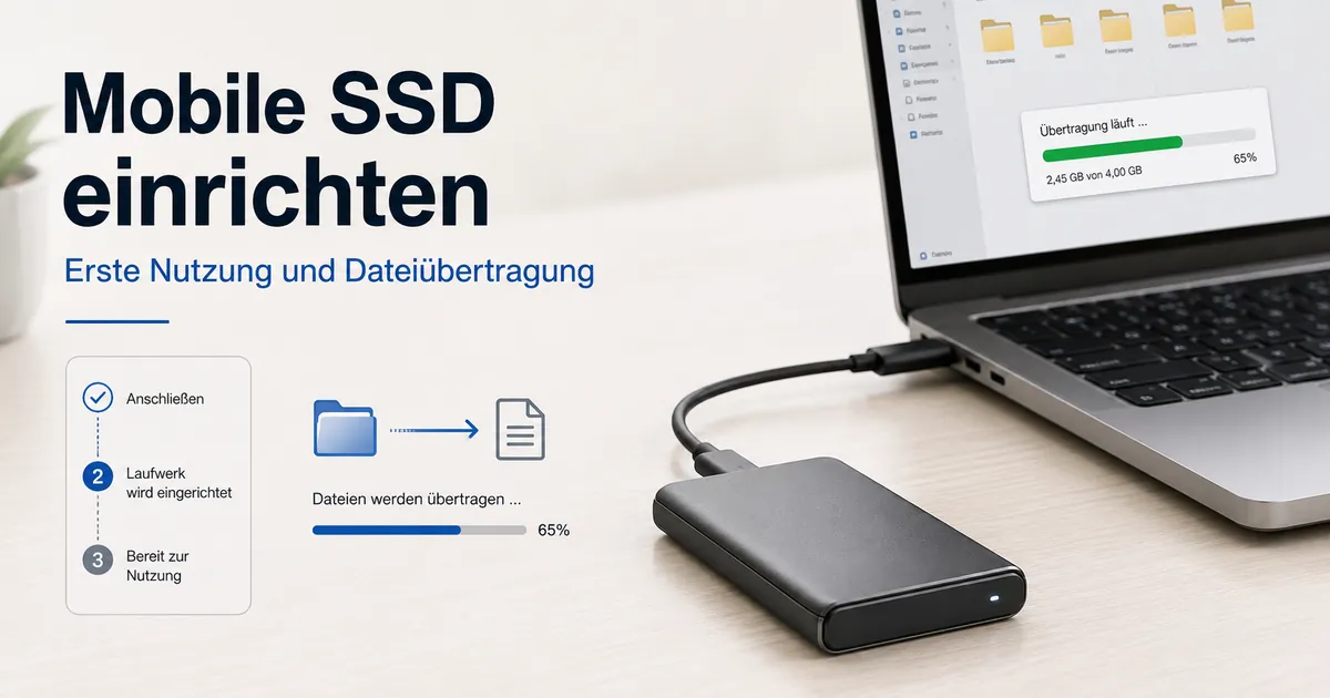 Mobile SSD zur ersten Einrichtung und Dateiübertragung an einen Computer angeschlossen