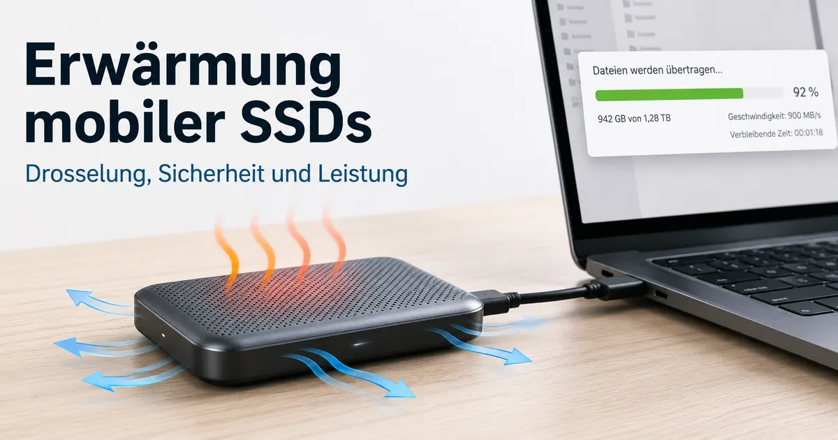 Mobile SSD auf einem Schreibtisch bei intensiver Dateiübertragung mit Wärme und Luftstrom während der Belastung