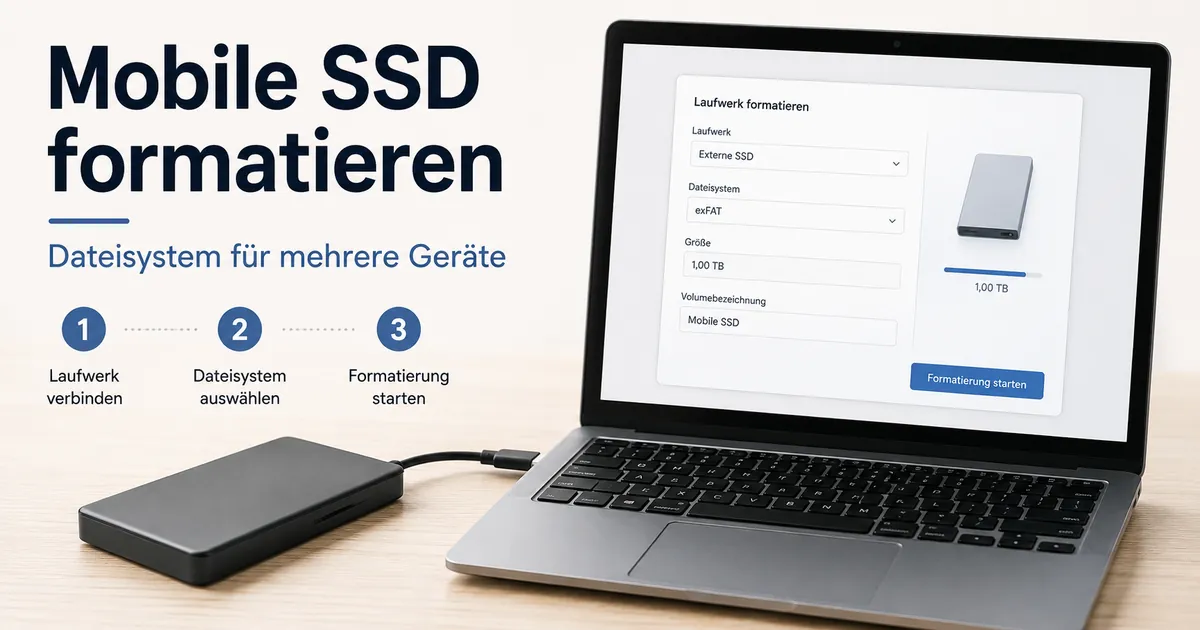 Mobile SSD an einem Computer mit geöffneten Einstellungen für Formatierung und Dateisystem