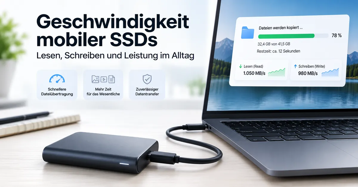 Mobile SSD an einem Laptop während eines Tests der Dateiübertragungsgeschwindigkeit