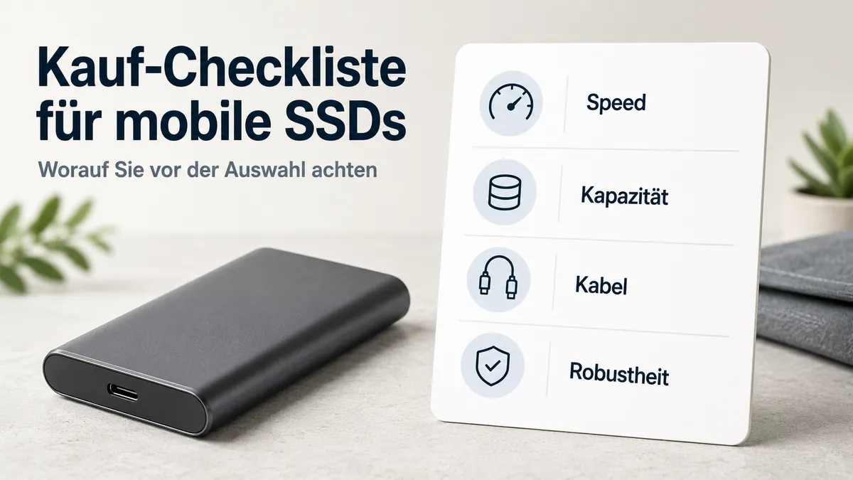 Kauf-Checkliste für eine mobile SSD mit Kriterien zu Geschwindigkeit, Kapazität, Kabeln und Widerstandsfähigkeit