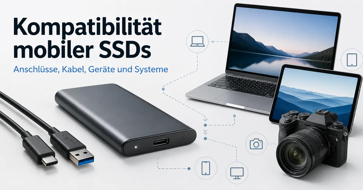 Mobile SSD mit USB-C- und USB-A-Kabeln neben kompatiblen Geräten