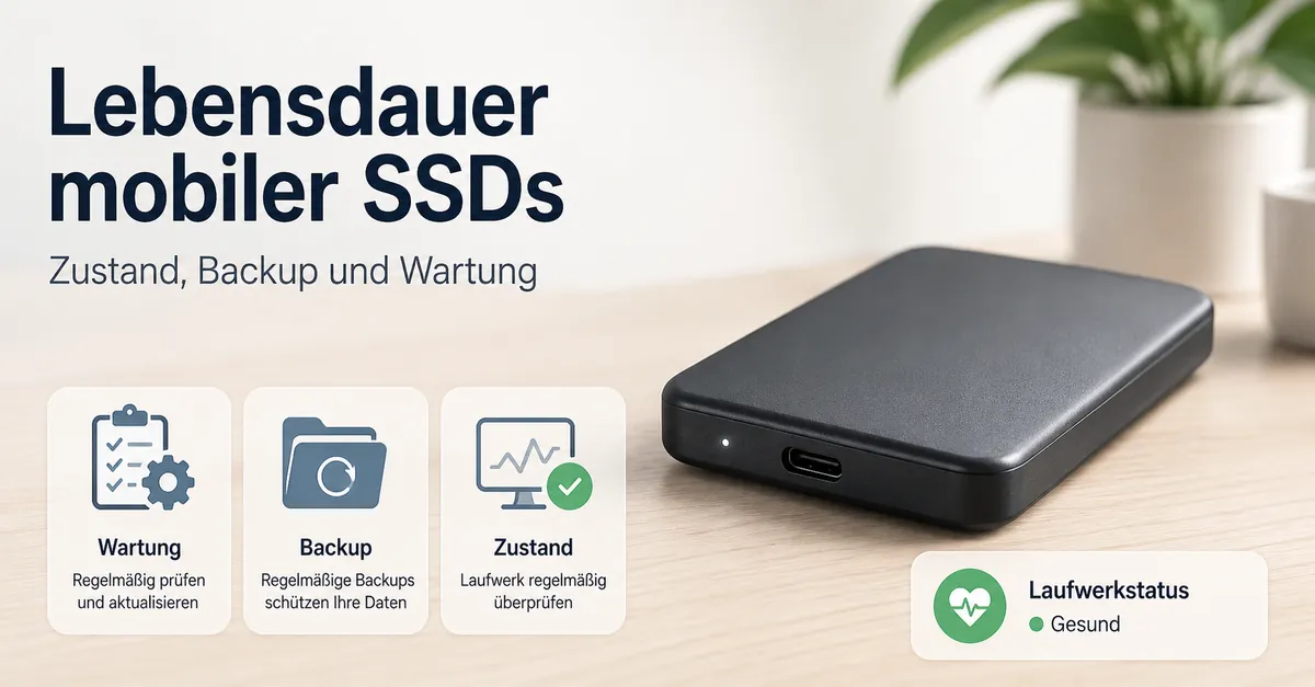 Mobile SSD auf einem Schreibtisch mit Hinweisen zu Wartung, Backup und Laufwerkszustand