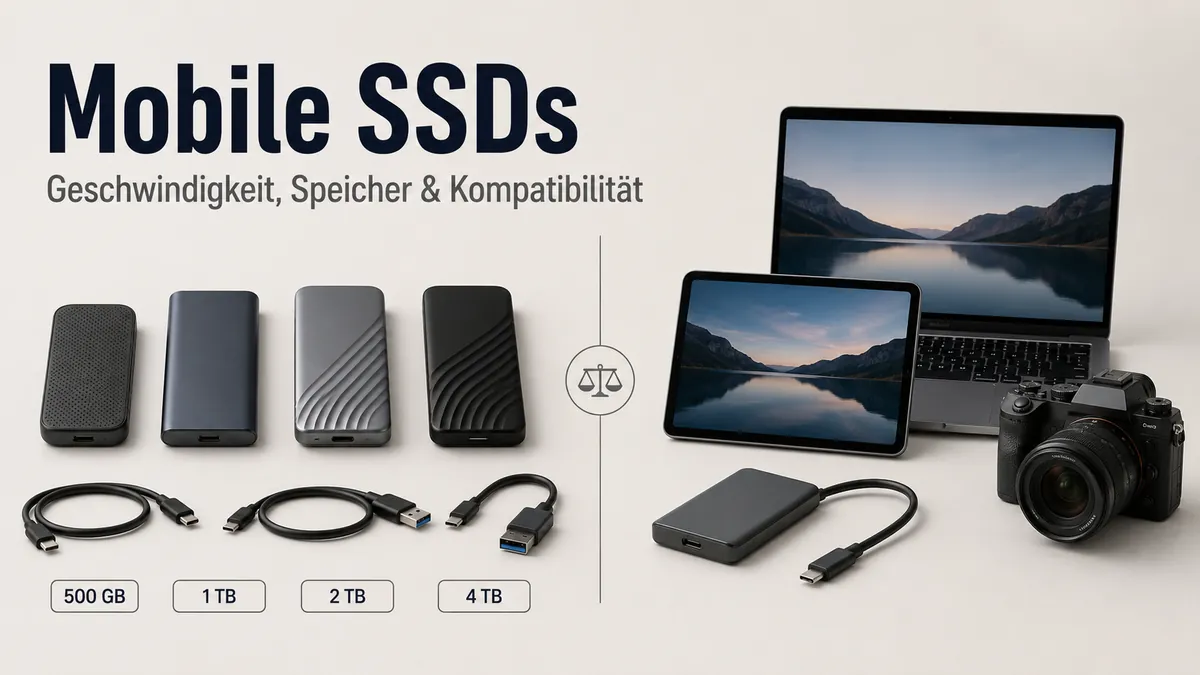 Mobile SSDs mit Kabeln, Angaben zur Speicherkapazität und kompatiblen Geräten