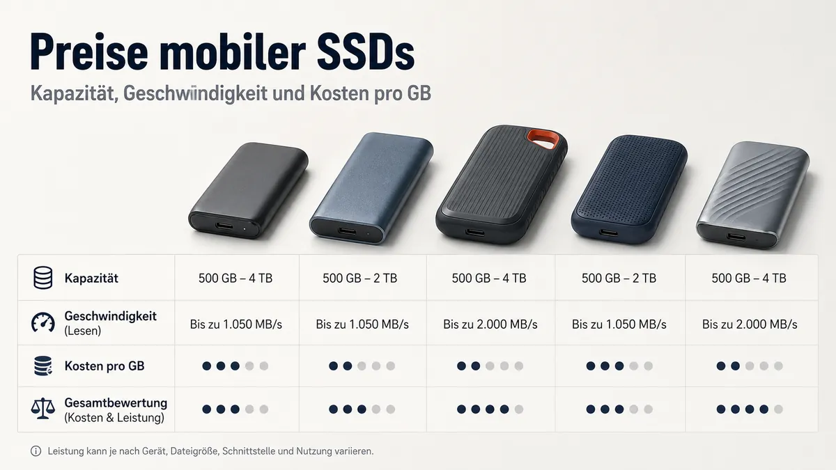 Mobile SSDs im Vergleich nach Speicherkapazität, Geschwindigkeit und Preis-Leistungs-Verhältnis