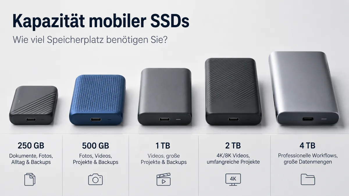 Mobile SSDs mit unterschiedlichen Speicherkapazitäten für einen direkten Vergleich