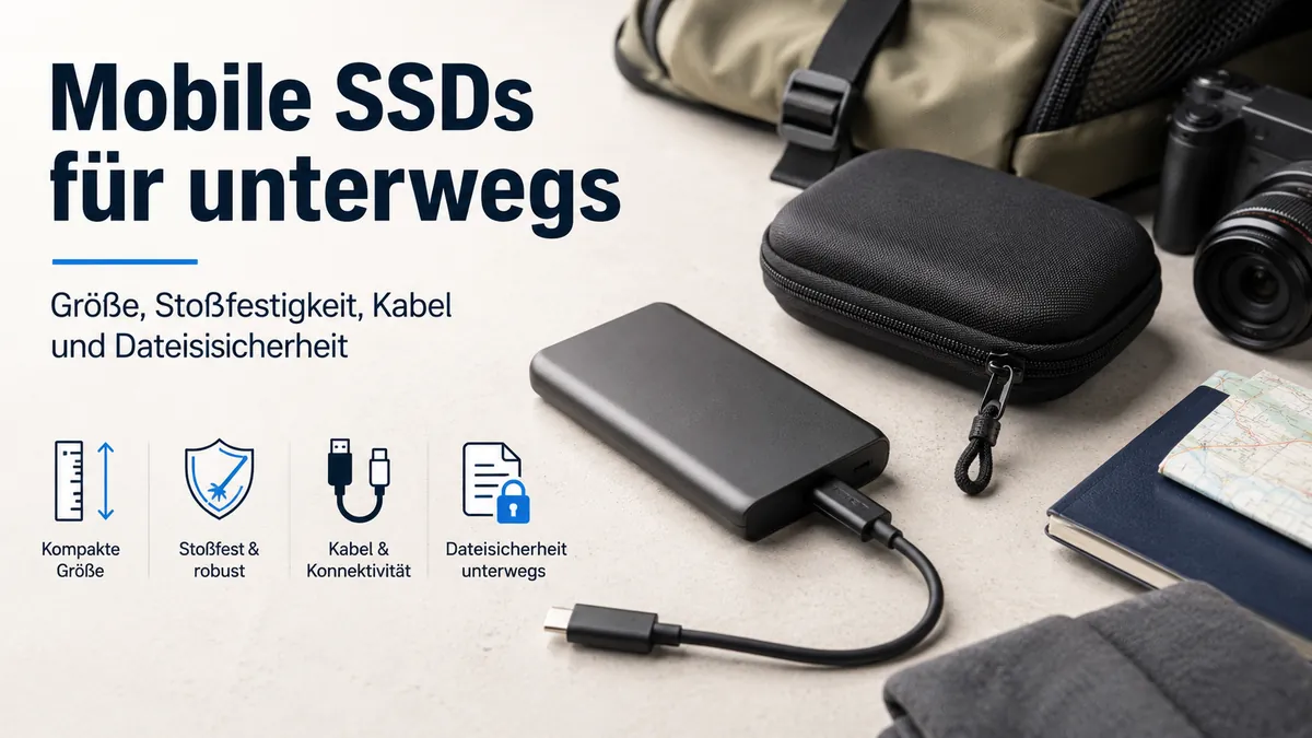 Mobile SSD mit Kabel und Schutzhülle für die Datenspeicherung unterwegs