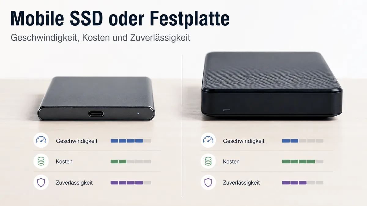 Mobile SSD und externe Festplatte nebeneinander zum Vergleich der Speicherlösungen