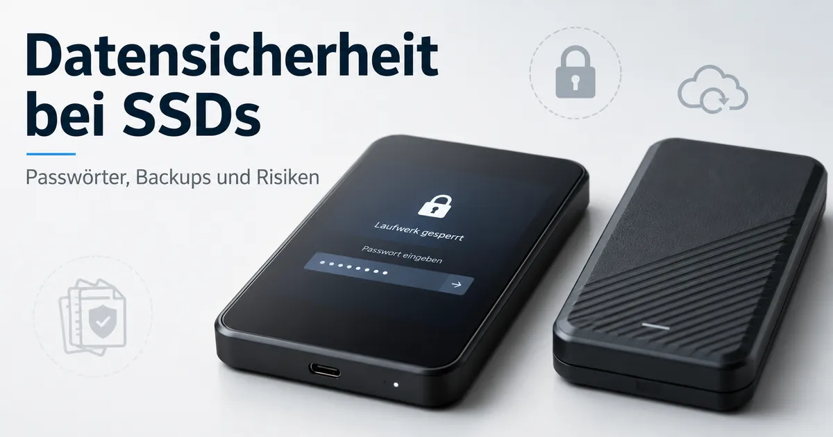 Passwortgeschützte mobile SSD neben einem Speichermedium für Datensicherungen
