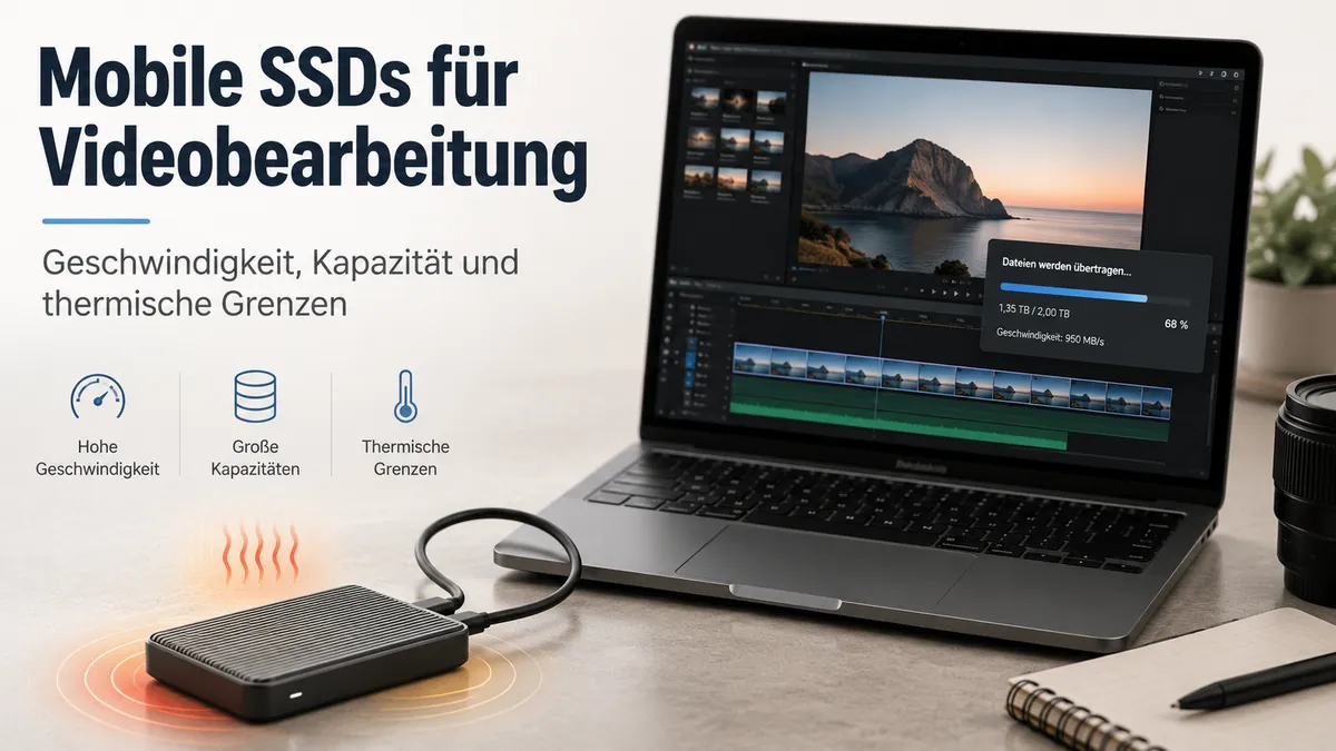 Mobile SSD an einer Videobearbeitungsstation während der Übertragung von Mediendateien