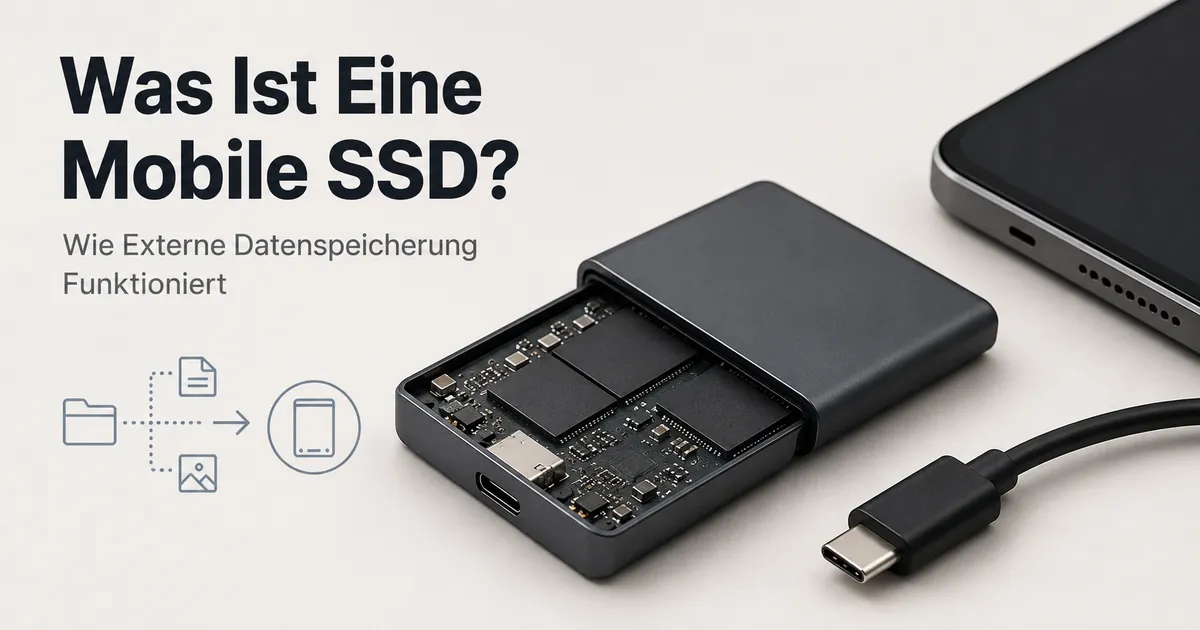 Geöffnete mobile SSD neben einem Kabel und einem Gerät zur Erklärung externer Datenspeicherung