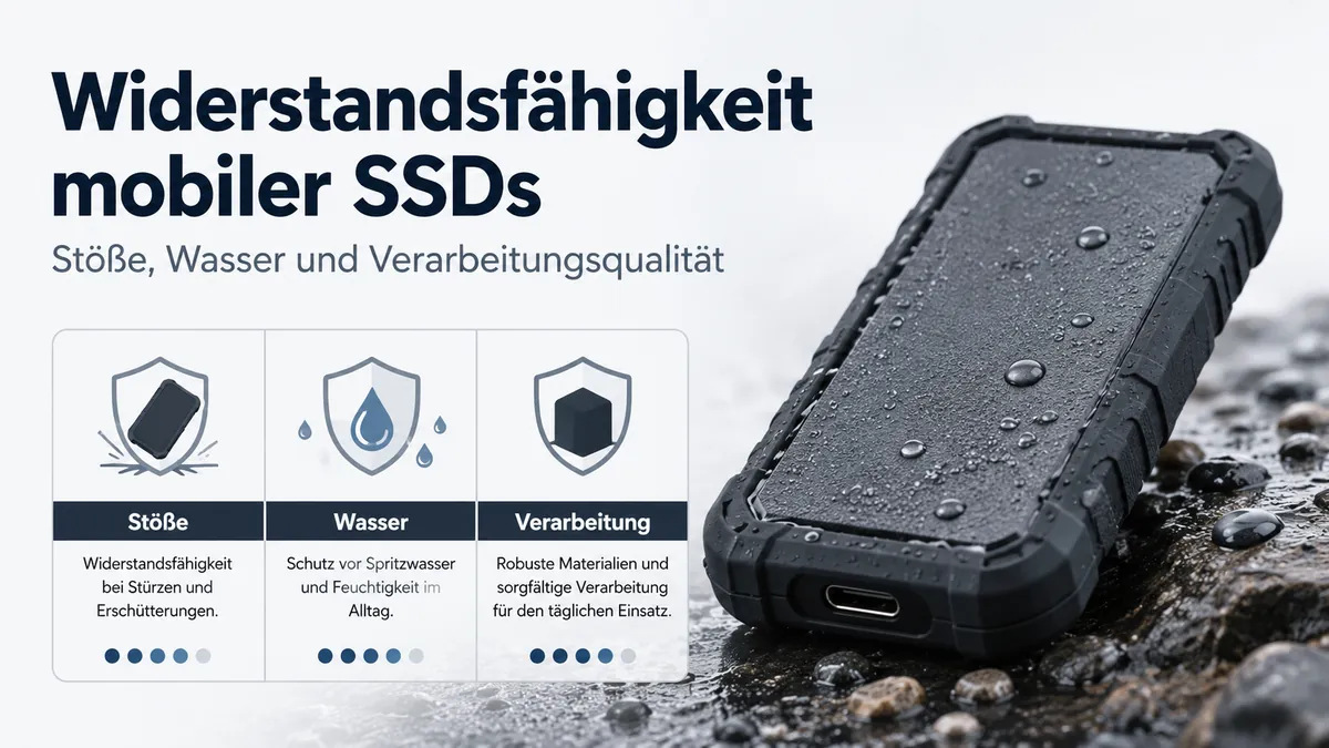 Widerstandsfähige mobile SSD mit Schutzgehäuse und wasserabweisenden Designdetails