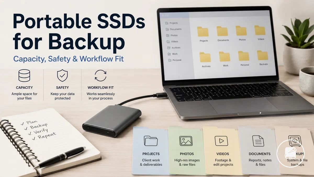 Portable SSD used as a backup drive beside organized folders and a laptop