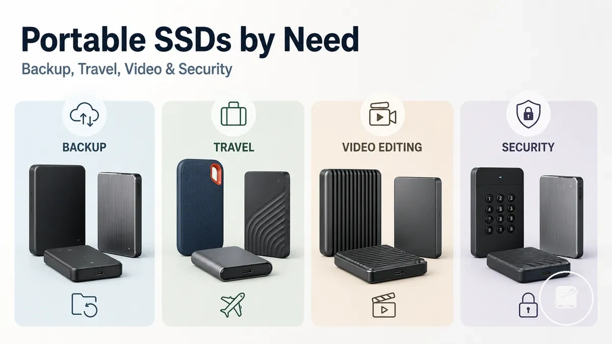 Different portable SSD types arranged by backup, travel, video editing, and security needs