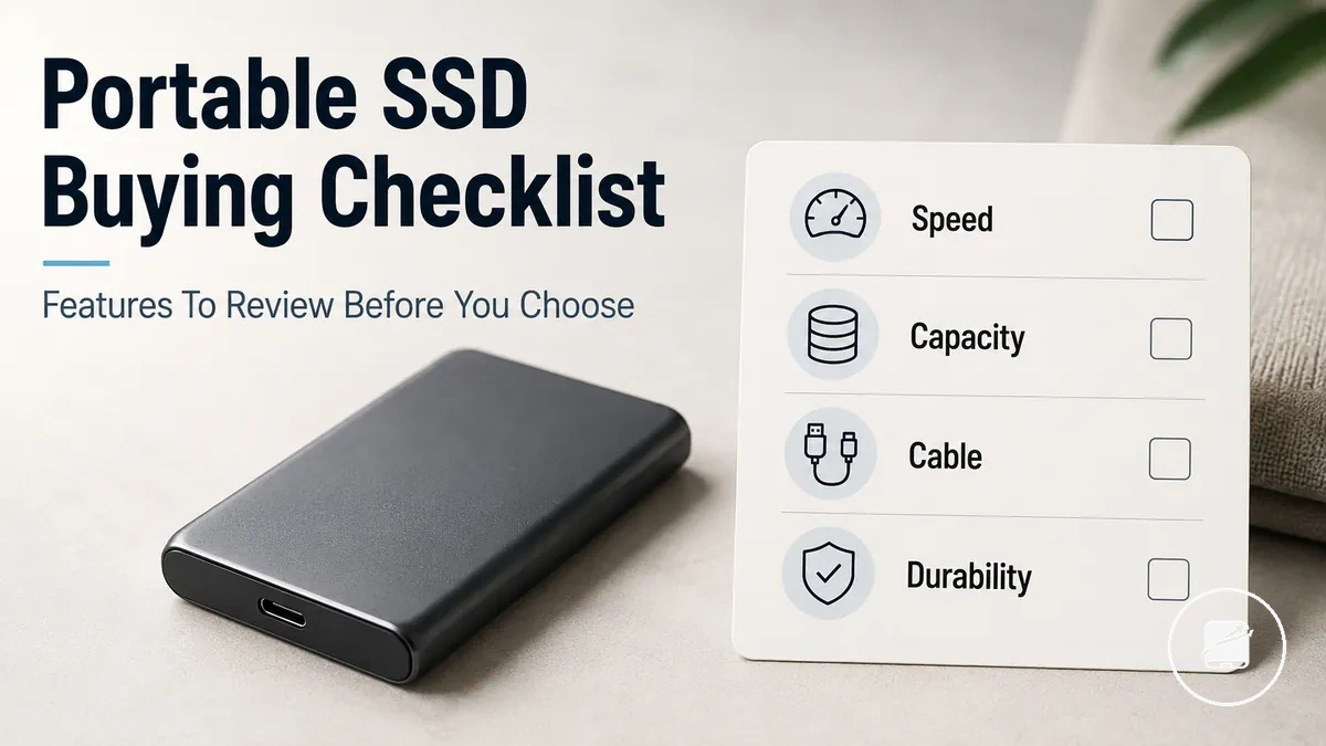 Portable SSD buying checklist with speed, capacity, cable, and durability considerations