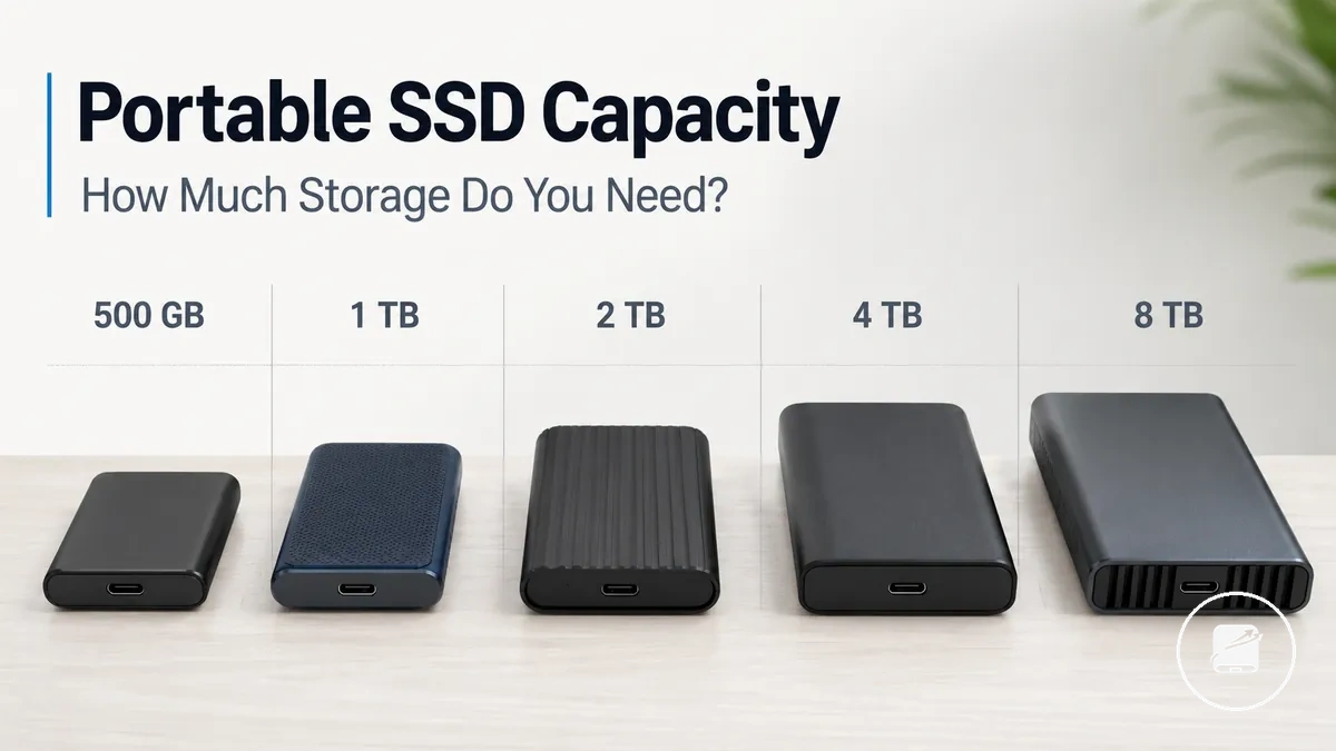 Portable SSDs with different storage capacity labels arranged for comparison