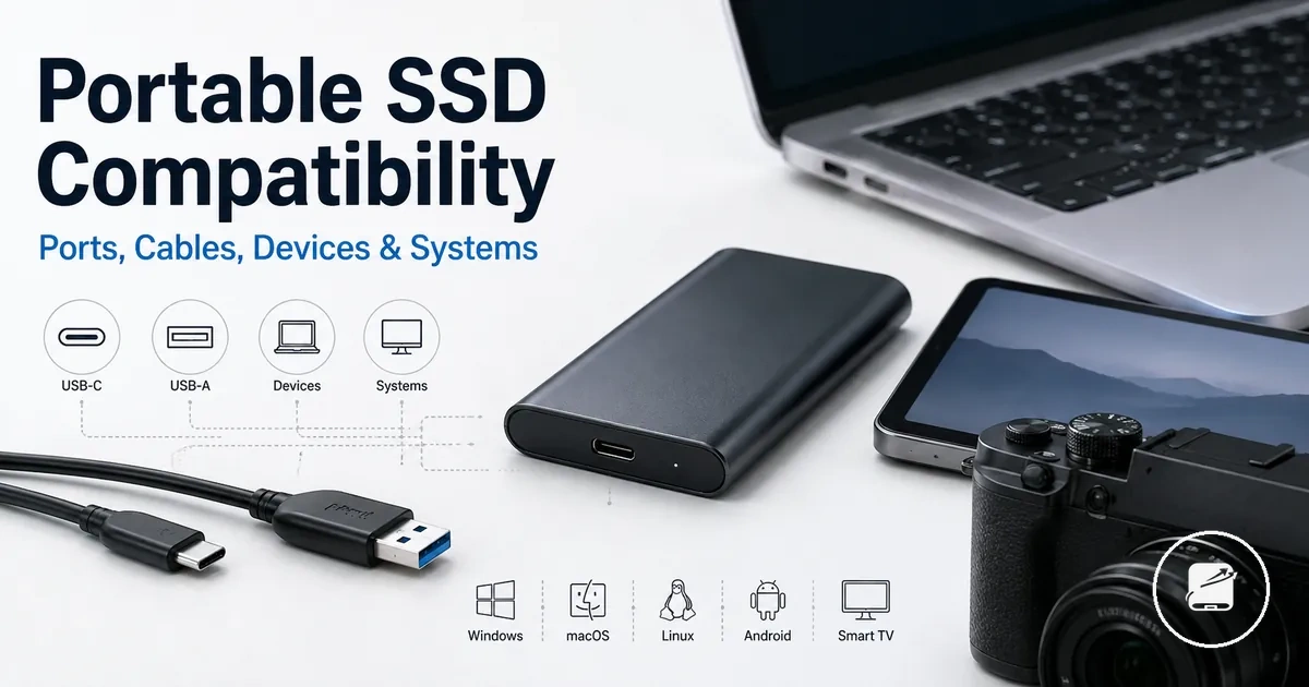 Portable SSD with USB-C and USB-A cables beside compatible devices