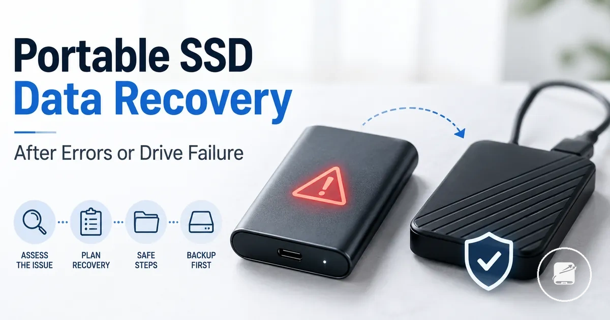 Portable SSD with error warning and backup drive context for data recovery planning