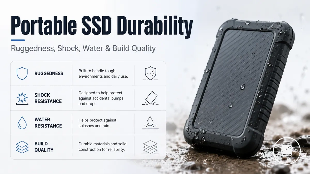 Rugged portable SSD with protective casing and water-resistant design details