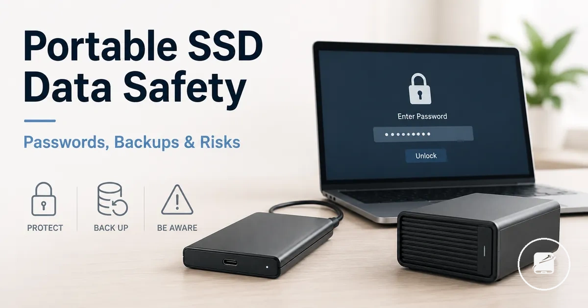 Secure portable SSD with password protection and backup storage shown on a desk