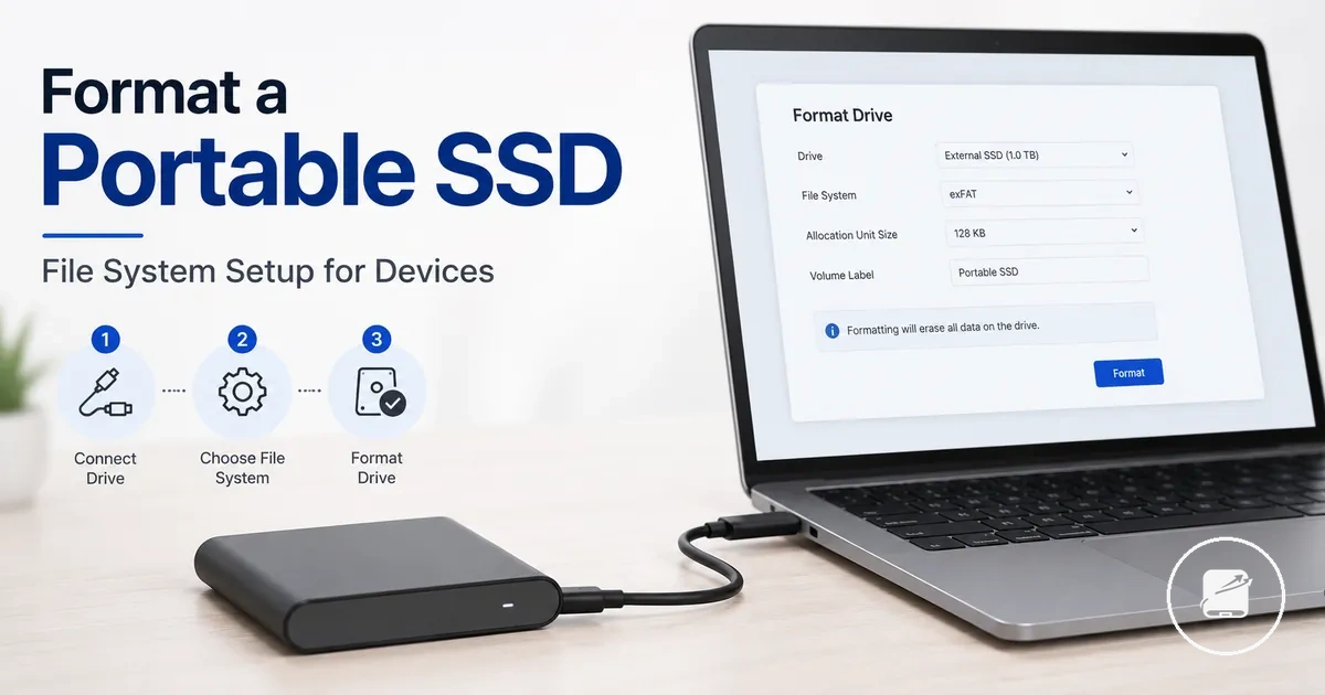 Portable SSD connected to a computer showing a formatting and file system setup screen
